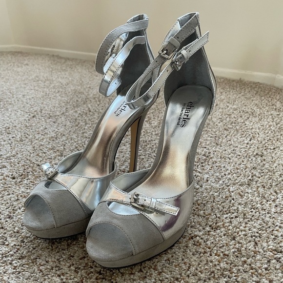 Charles By Charles David Platform Heeled Shoes Silver Gray Party Wedding Heels - Picture 2 of 10